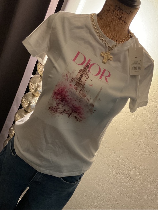 Dior Tops - Dior White Tee with Pink Logo and Watercolor Graphic